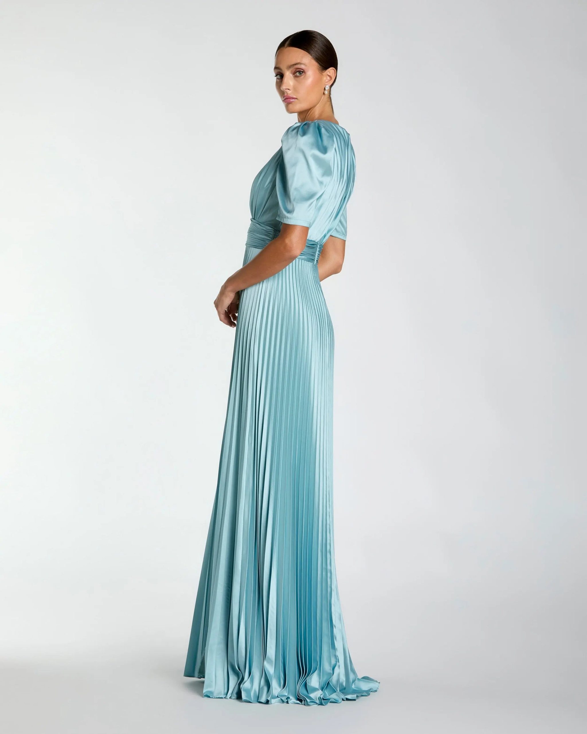 Blue Pleated Charmeuse Puff Sleeve Gown With Slit - Image 3