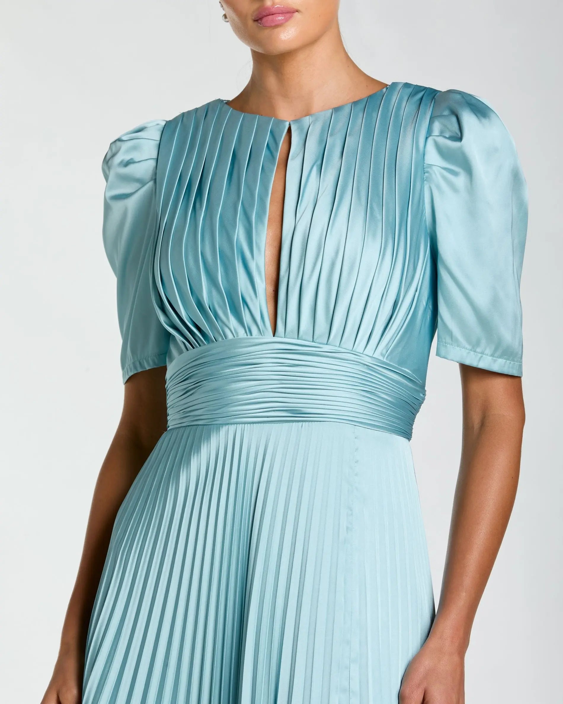 Blue Pleated Charmeuse Puff Sleeve Gown With Slit - Image 2