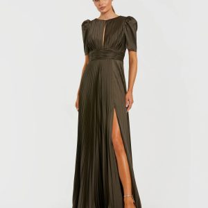 Dark Green Pleated Charmeuse Puff Sleeve Evening Gown With Slit