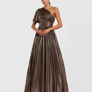 Brown One Shoulder Pleated Metallic Ball Gown