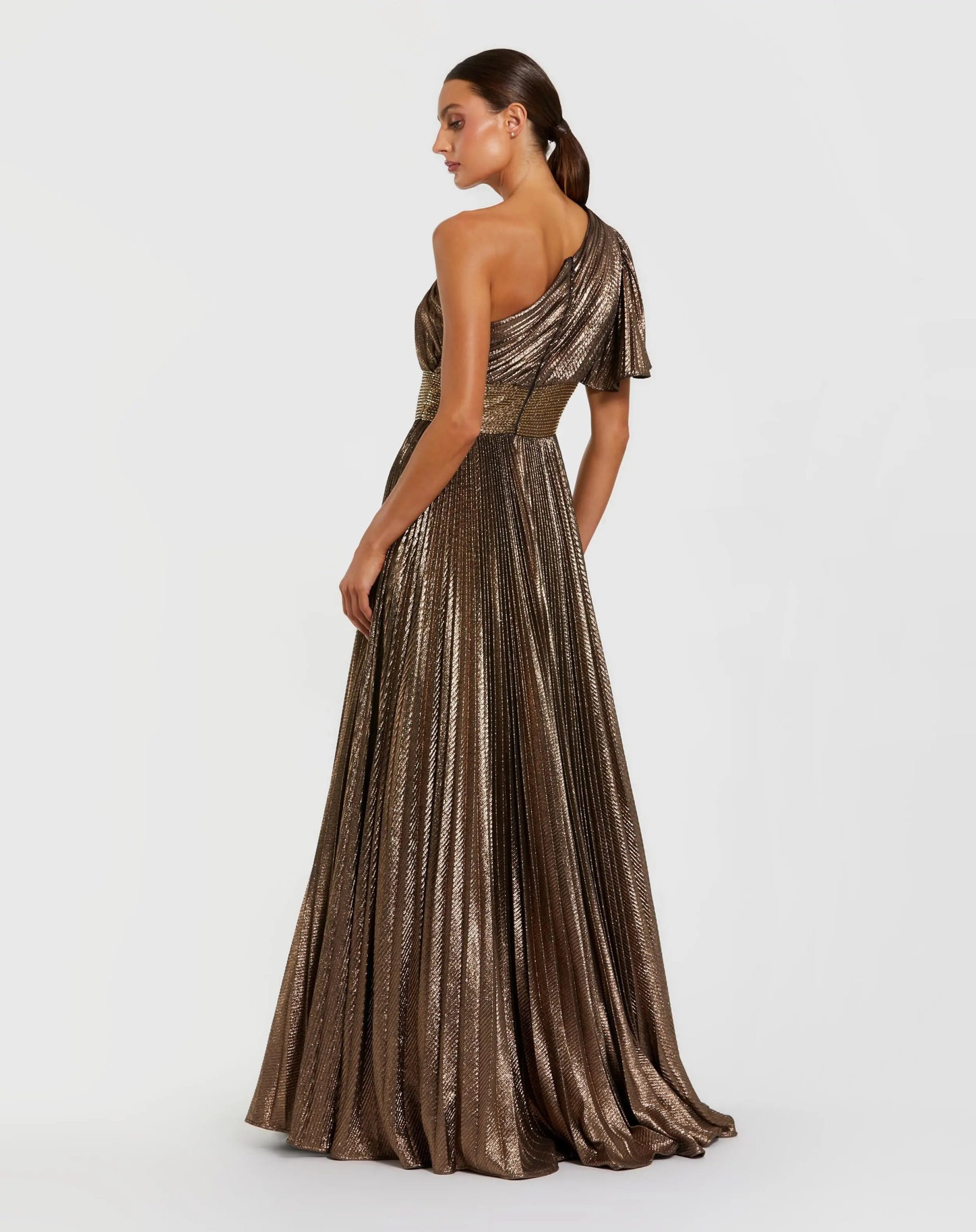 Brown One Shoulder Pleated Metallic Ball Gown - Image 3