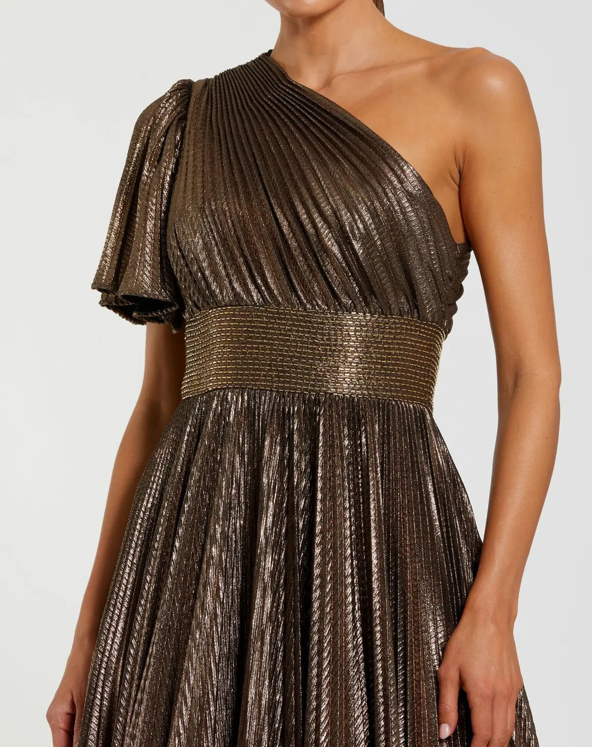 Brown One Shoulder Pleated Metallic Ball Gown - Image 2
