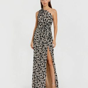 Beige One Shoulder Sequin Gown with Floral Velvet Detail