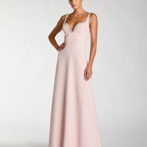 Light Pink Crepe A-Line Gown With Rhinestone Trim