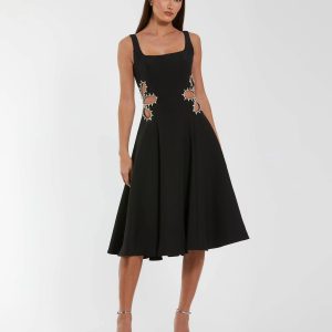 Black Sleeveless Crepe Rhinestone Cutout Midi Dress