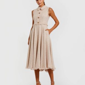 Pink Boucle Sleeveless Collared Button Up Midi Dress