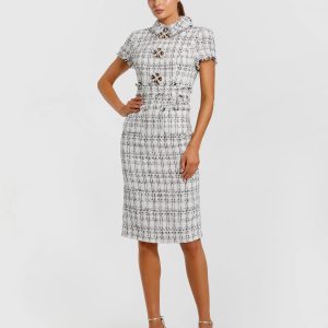 White Fitted Boucle Short Sleeve Button Up Midi Dress