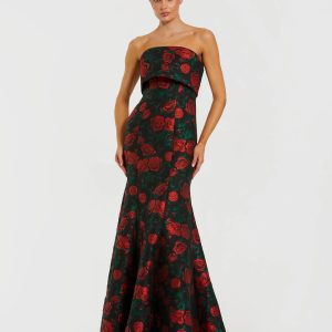 Black Strapless Floral Brocade Mermaid Gown