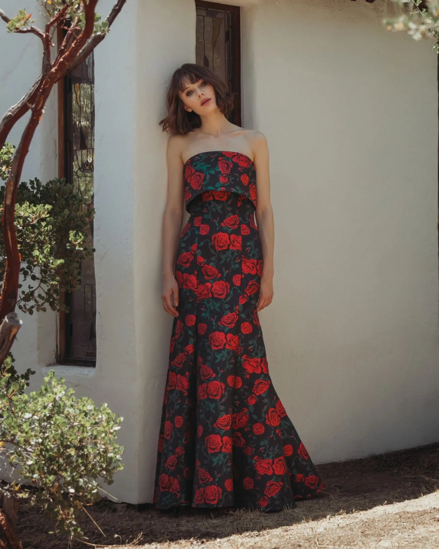 Black Strapless Floral Brocade Mermaid Gown - Image 4