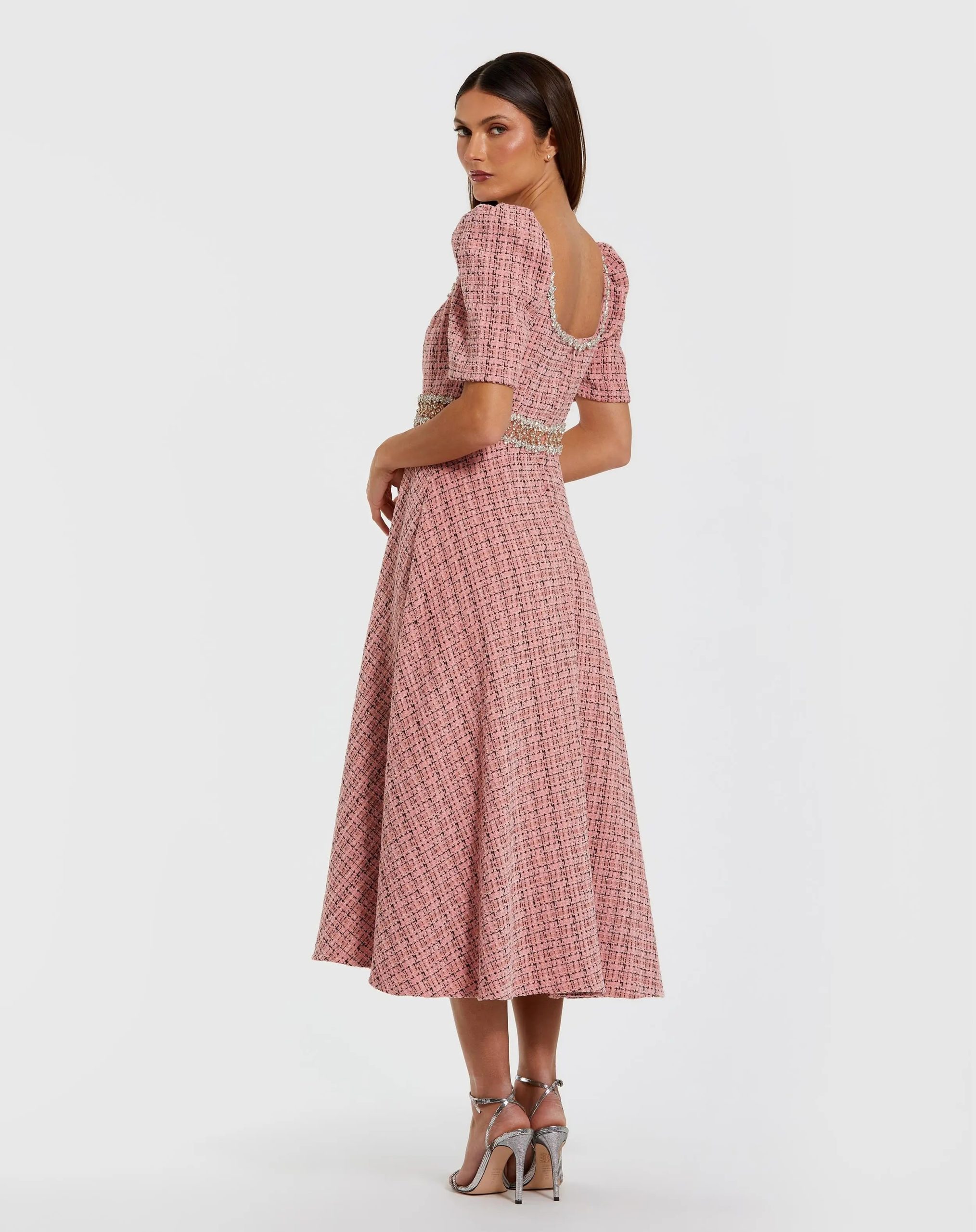 Pink Puff Sleeve Boucle Midi Dress With Beaded Belt - Image 3