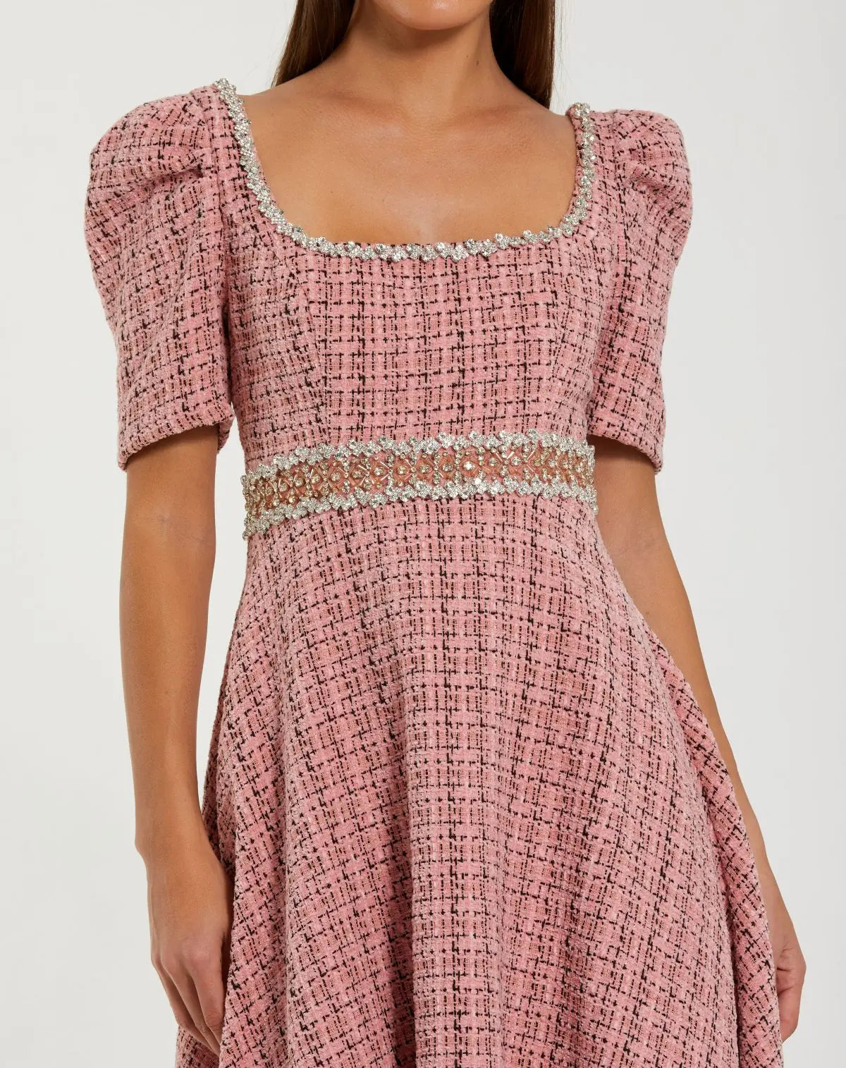 Pink Puff Sleeve Boucle Midi Dress With Beaded Belt - Image 2