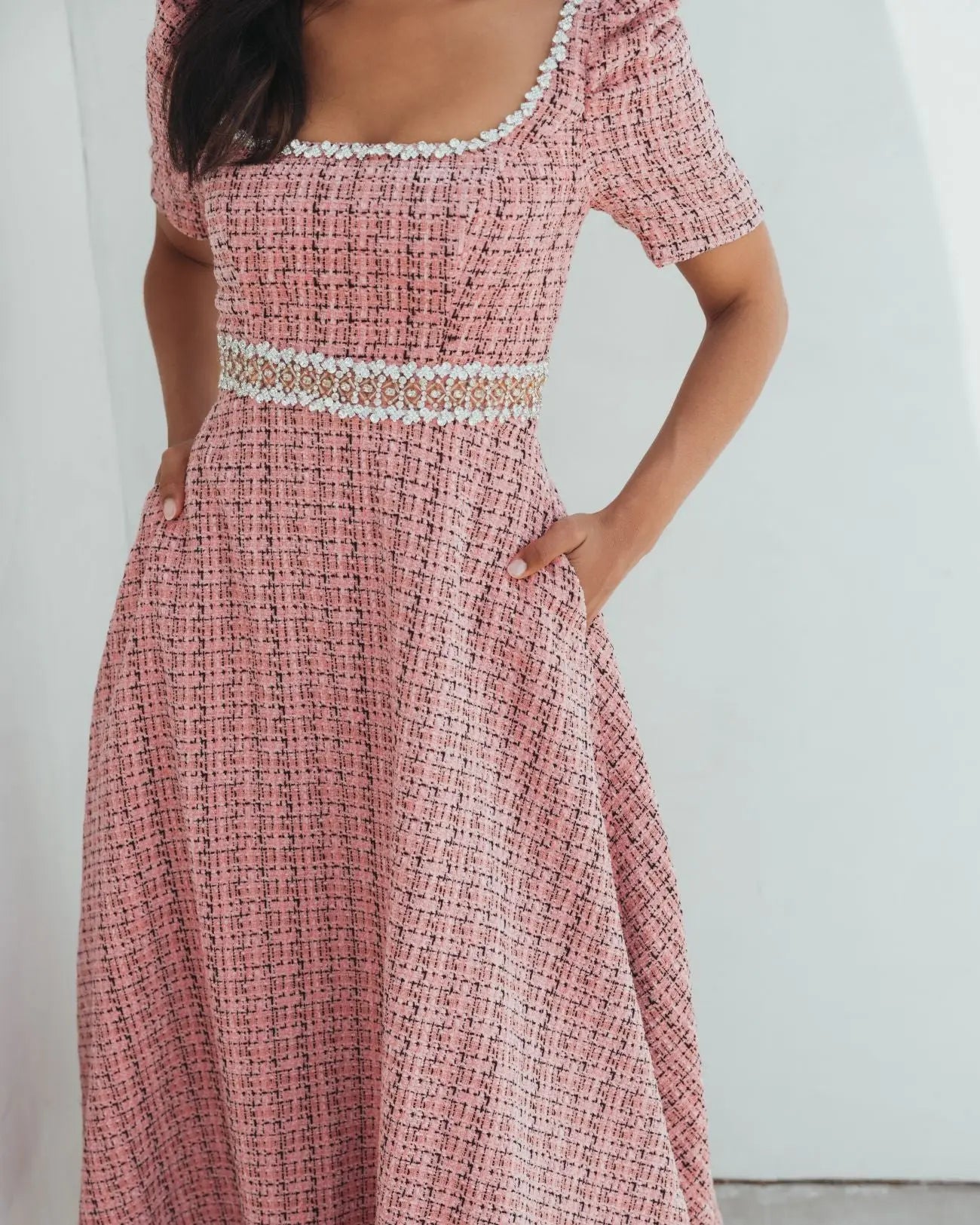 Pink Puff Sleeve Boucle Midi Dress With Beaded Belt - Image 5