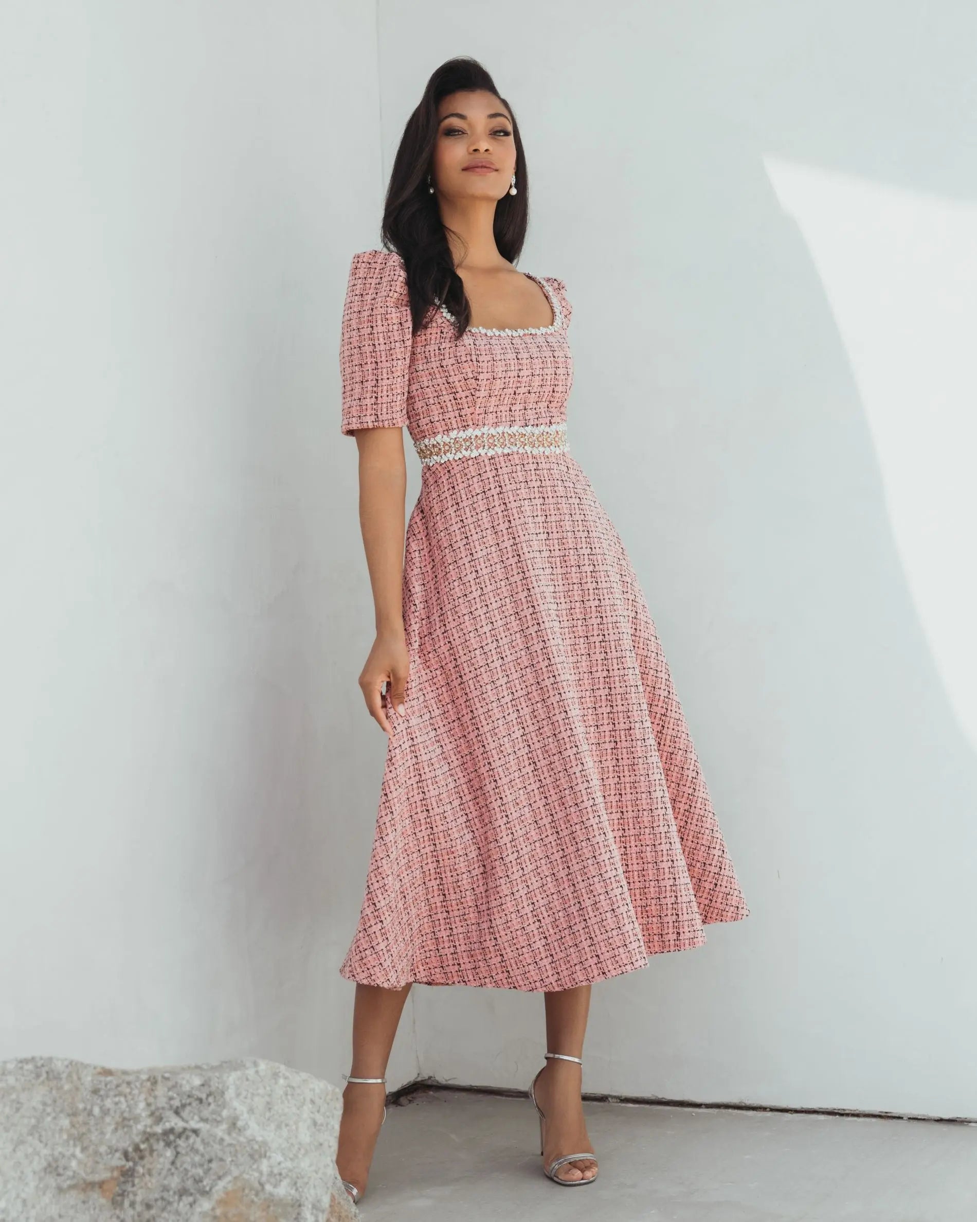 Pink Puff Sleeve Boucle Midi Dress With Beaded Belt - Image 6
