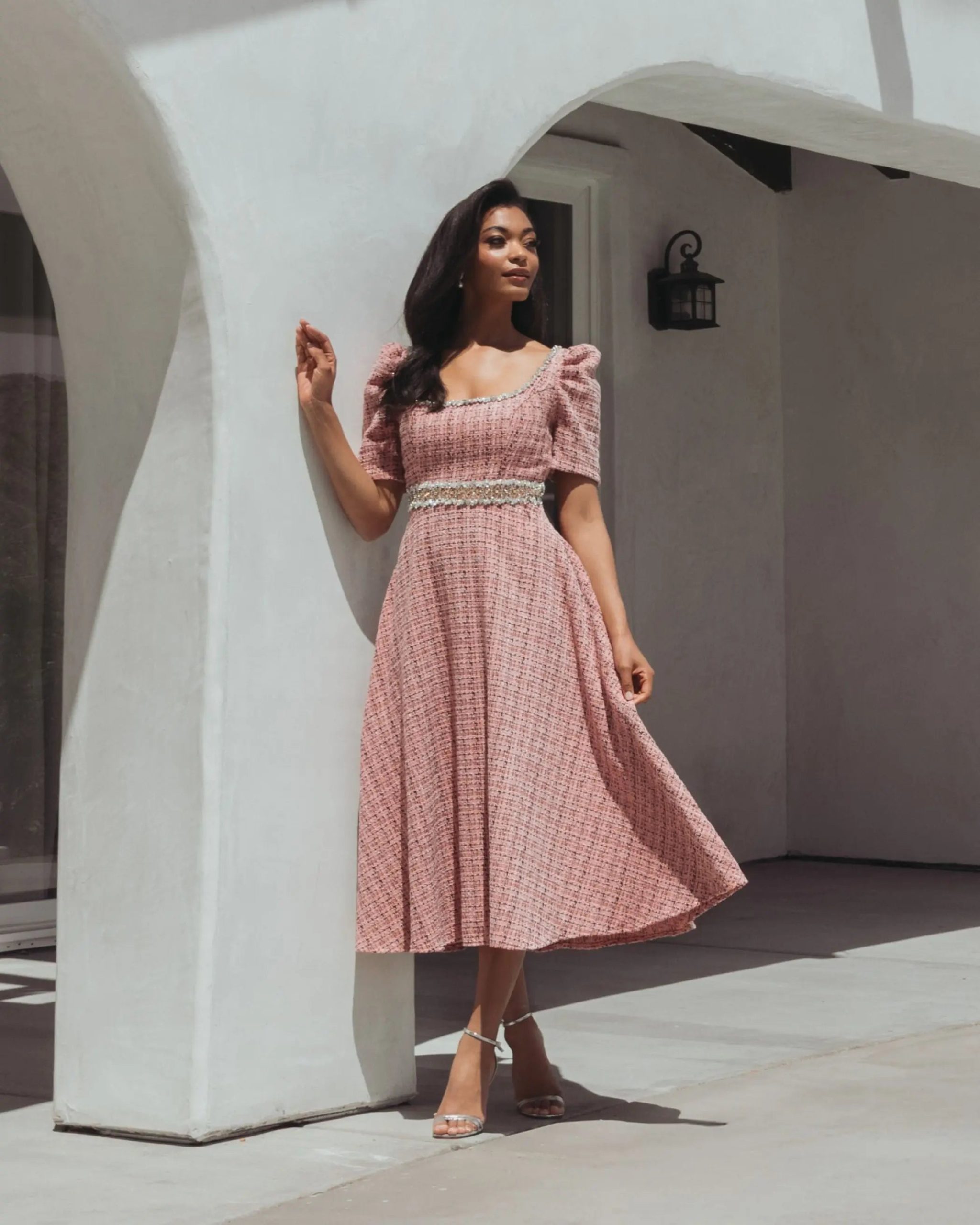 Pink Puff Sleeve Boucle Midi Dress With Beaded Belt - Image 4