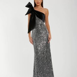 Black and Silver One Shoulder Embellished Gown With Velvet Bow