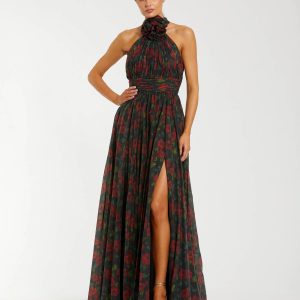Black Floral Print Halter Neck Gown with Rosette