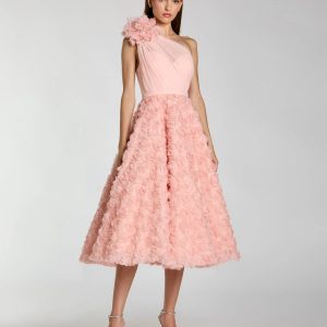 Pink One Shoulder 3D Floral Rosette Midi Dress