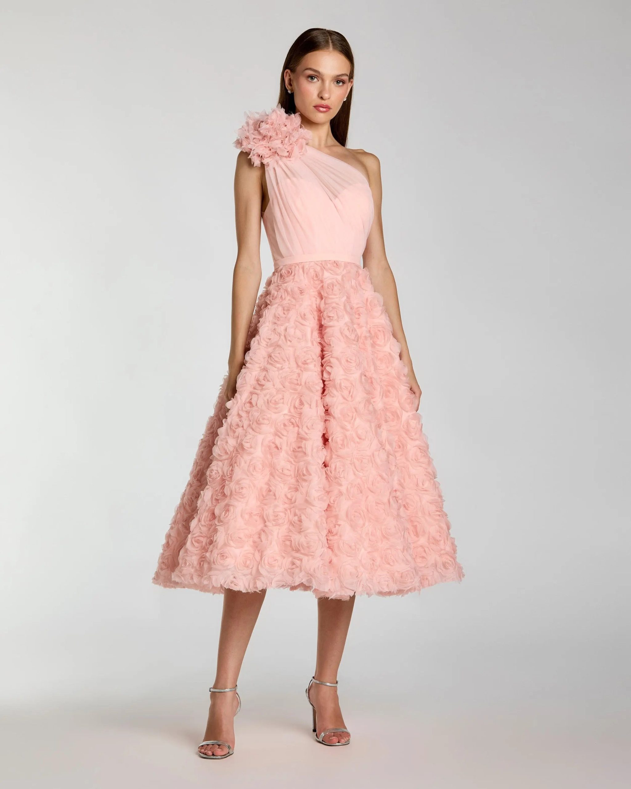 Pink One Shoulder 3D Floral Rosette Midi Dress