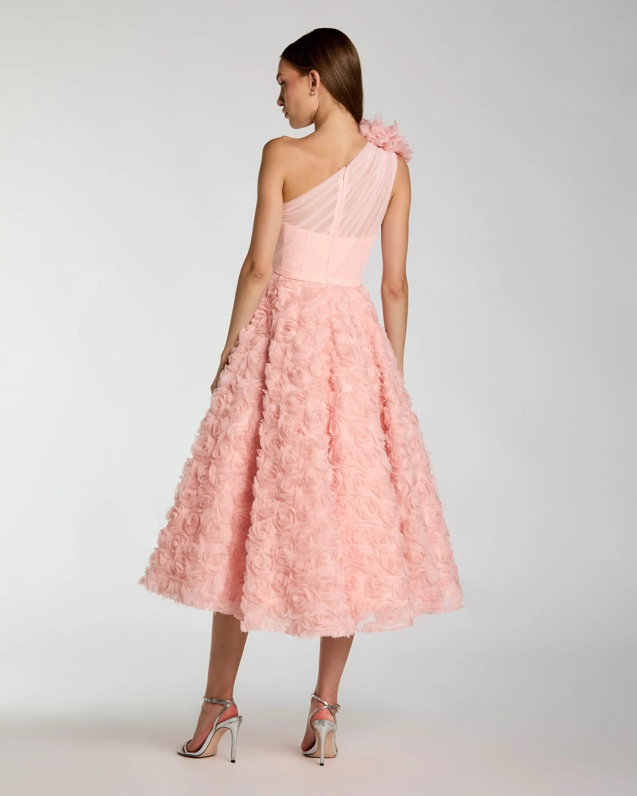 Pink One Shoulder 3D Floral Rosette Midi Dress - Image 3