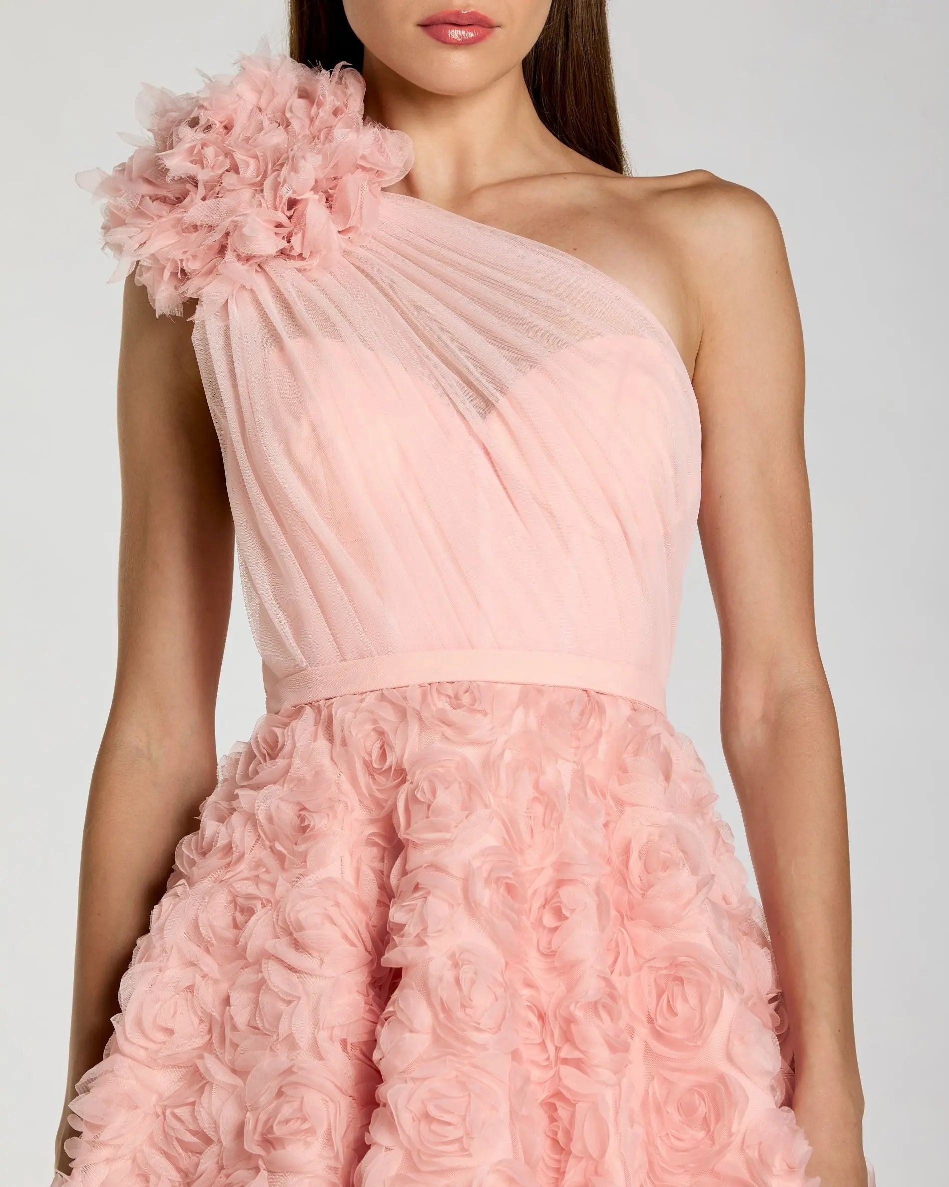 Pink One Shoulder 3D Floral Rosette Midi Dress - Image 2