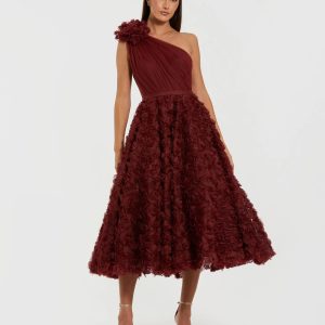 Red One Shoulder 3D Floral Rosette Midi Dress