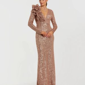 Light Pink Long Sleeve V Neck Sequin Gown With 3D Flower