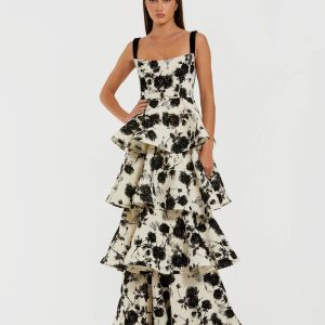 Black and White Floral Boucle Tiered Ruffle Gown