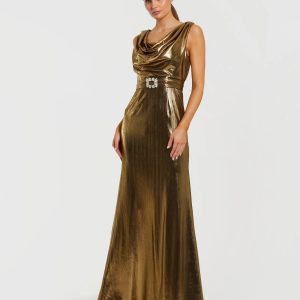 Gold Metallic Sleeveless Cowl Neck Trumpet Gown With Belt