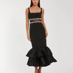 Black Crepe Ruffle Hem Midi Dress With Jewel Detail