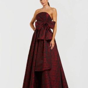 Red Strapless Brocade Gown With Bow Detail