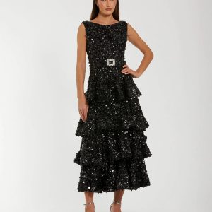 Black Sequin Ruffle Midi Dress with Belt