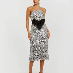 Silver Strapless Paillette Column Midi Dress With Bow