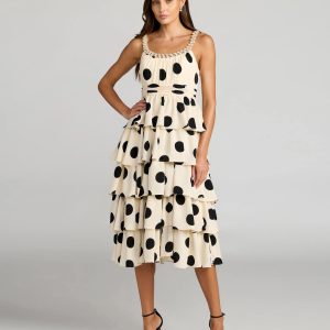 Beige Polka Dot Pearl Trim Ruffle Midi Dress