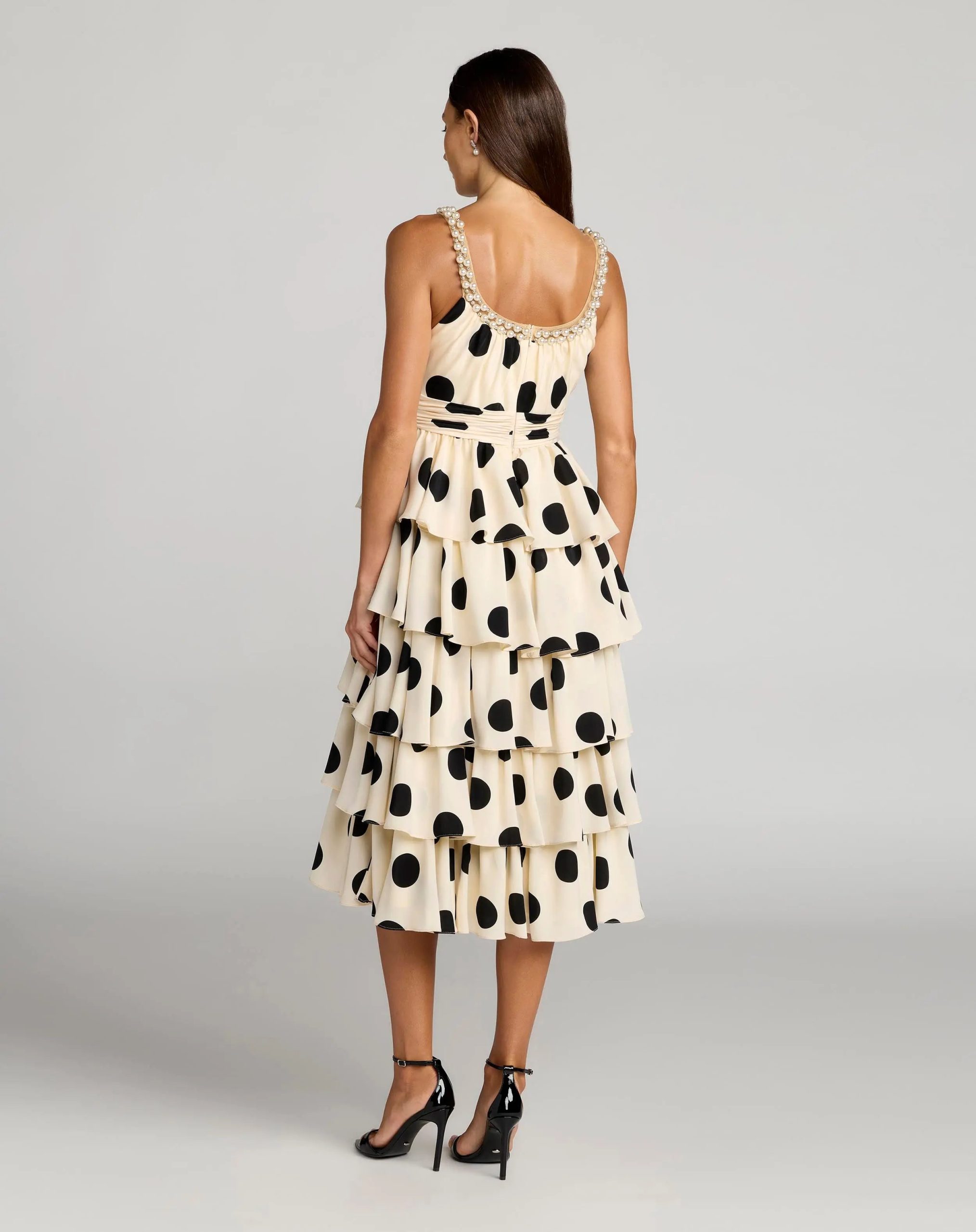 Beige Polka Dot Pearl Trim Ruffle Midi Dress - Image 3