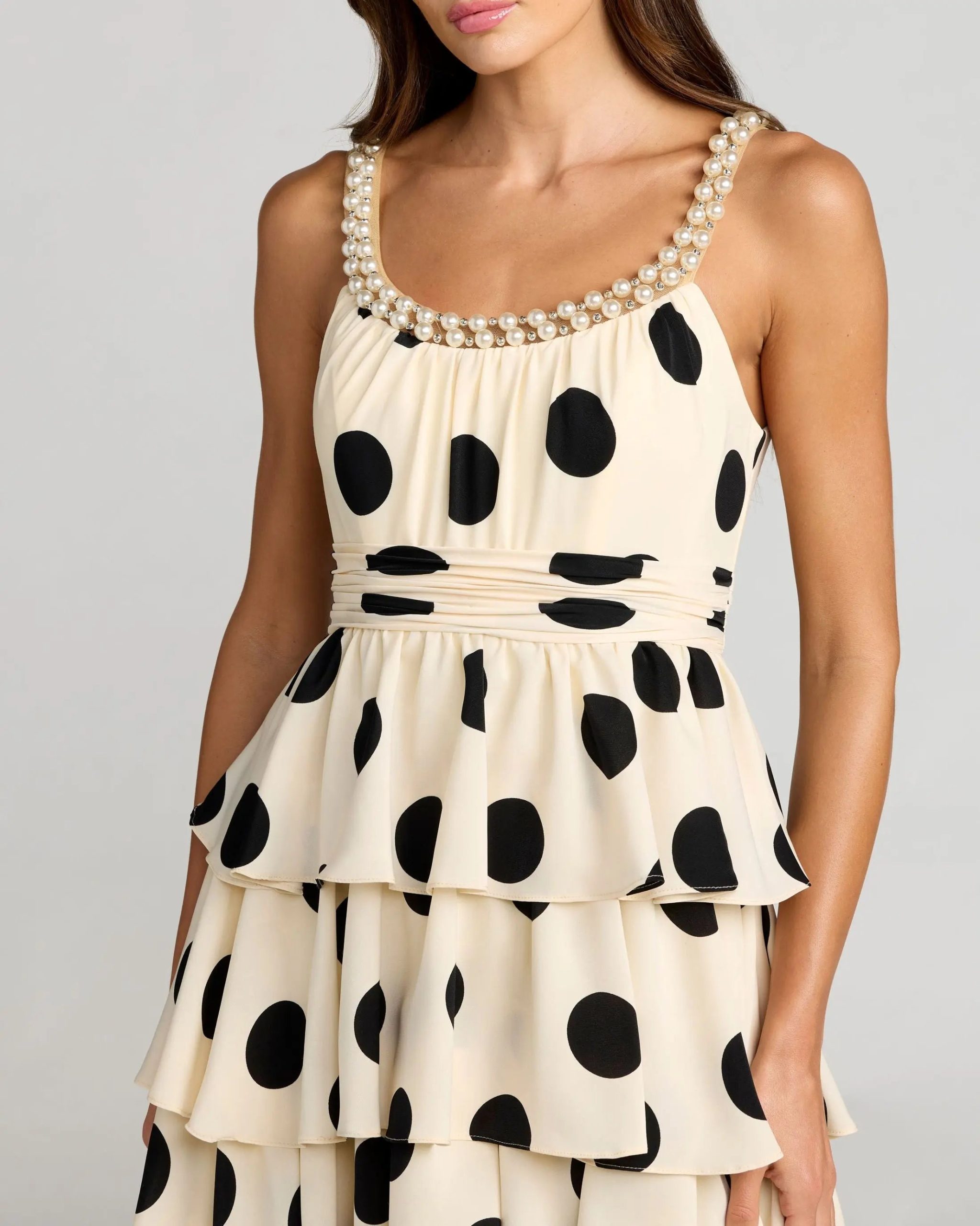 Beige Polka Dot Pearl Trim Ruffle Midi Dress - Image 2