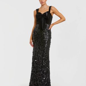 Black Sleeveless Sequin Column Gown With Velvet Bow