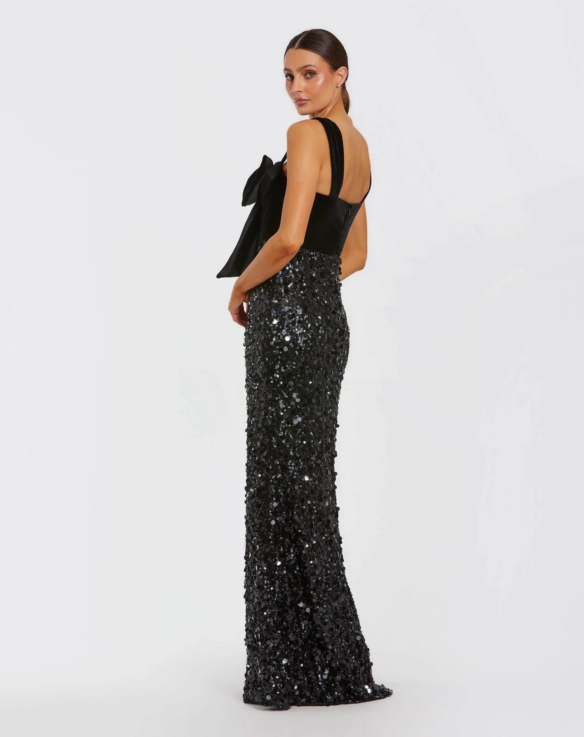 Black Sleeveless Sequin Column Gown With Velvet Bow - Image 3