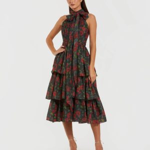 Black Floral Chiffon Tiered Midi Dress with Neck Bow