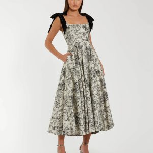 Black Ivory Brocade A Line Midi Dress With Bow Straps