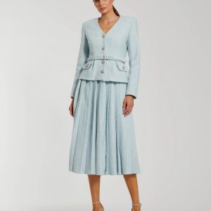 Blue Boucle Long Sleeve V Neck Midi Dress With Buttons