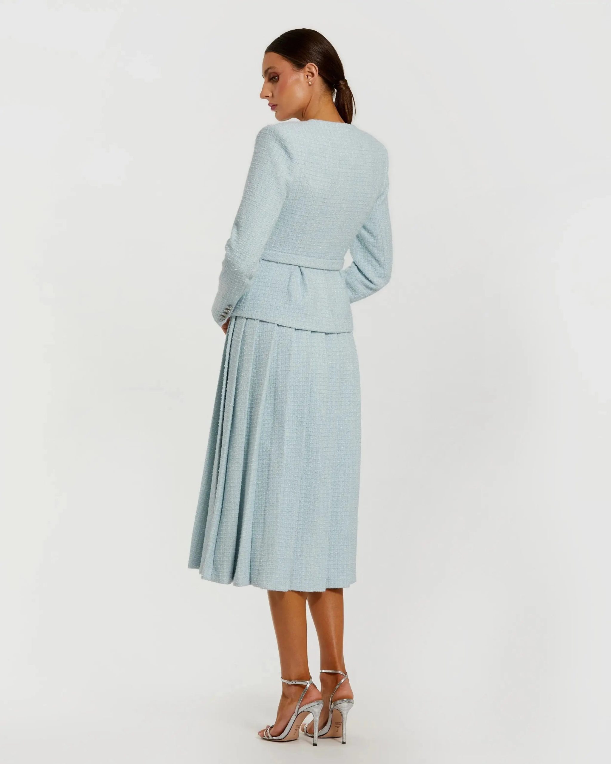 Blue Boucle Long Sleeve V Neck Midi Dress With Buttons - Image 3