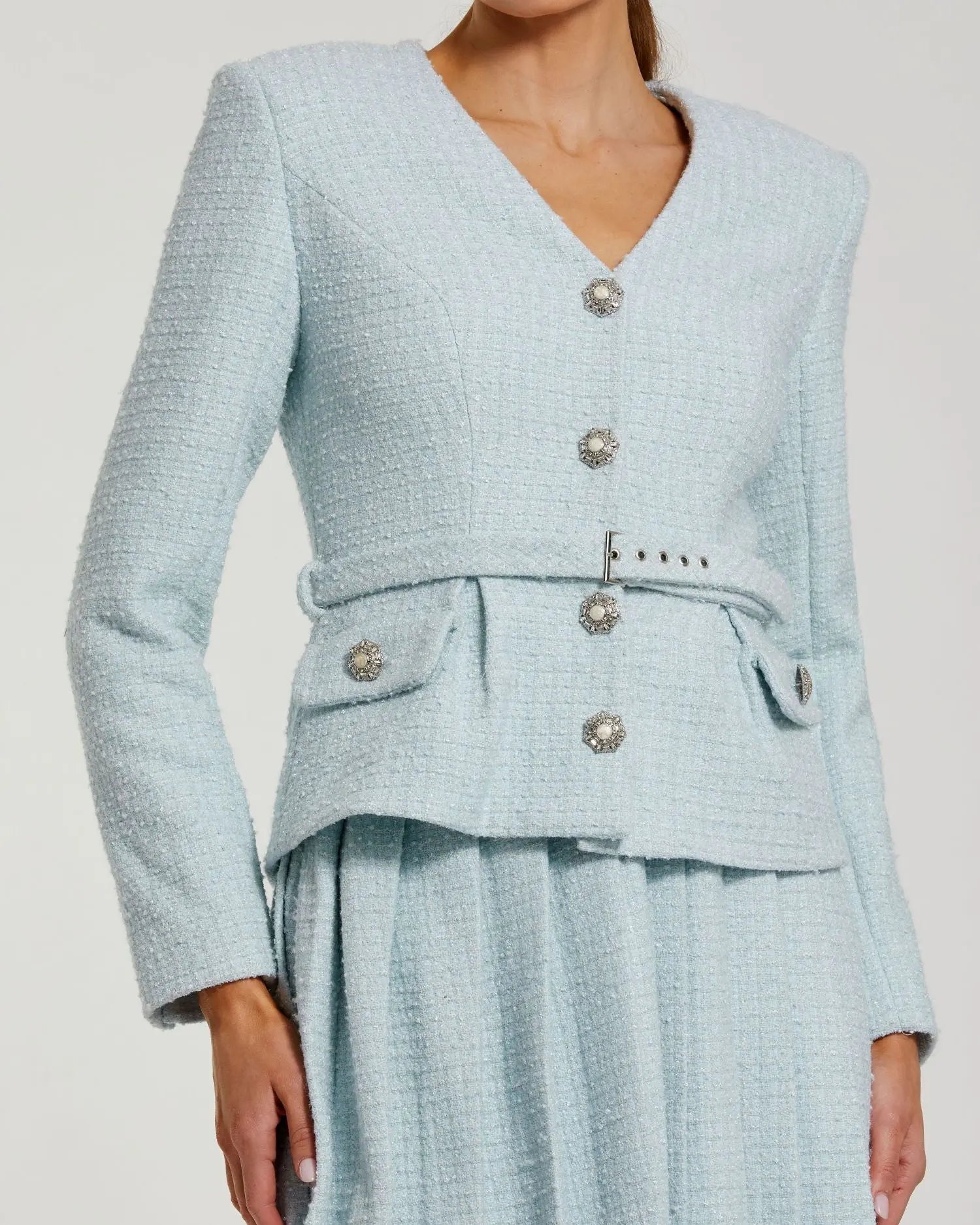 Blue Boucle Long Sleeve V Neck Midi Dress With Buttons - Image 2