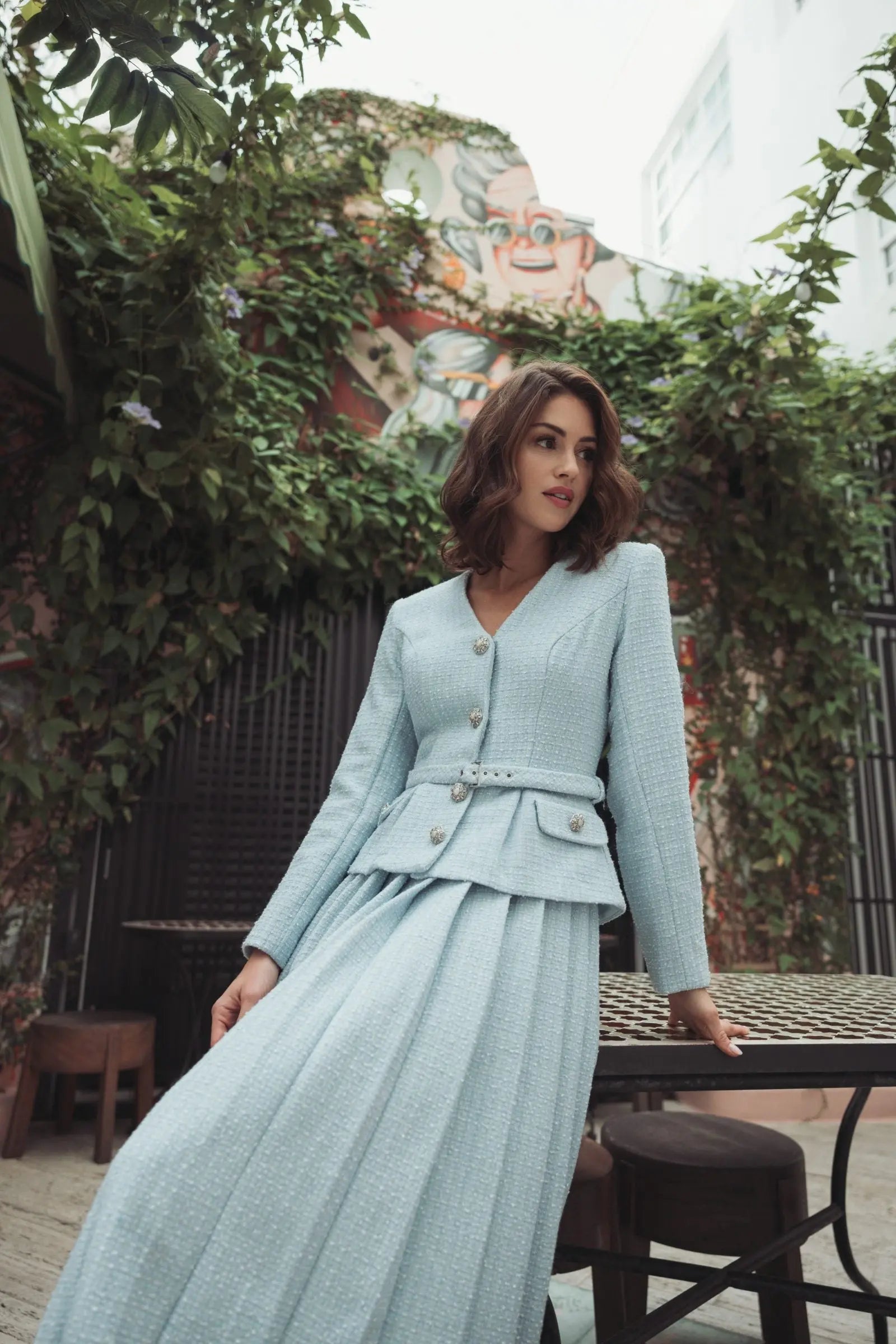 Blue Boucle Long Sleeve V Neck Midi Dress With Buttons - Image 6