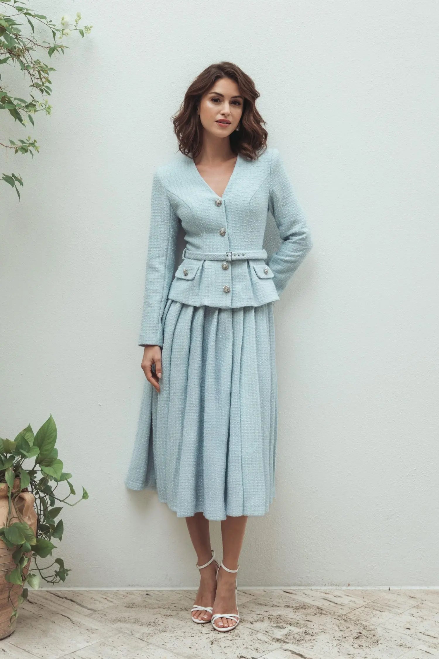 Blue Boucle Long Sleeve V Neck Midi Dress With Buttons - Image 4
