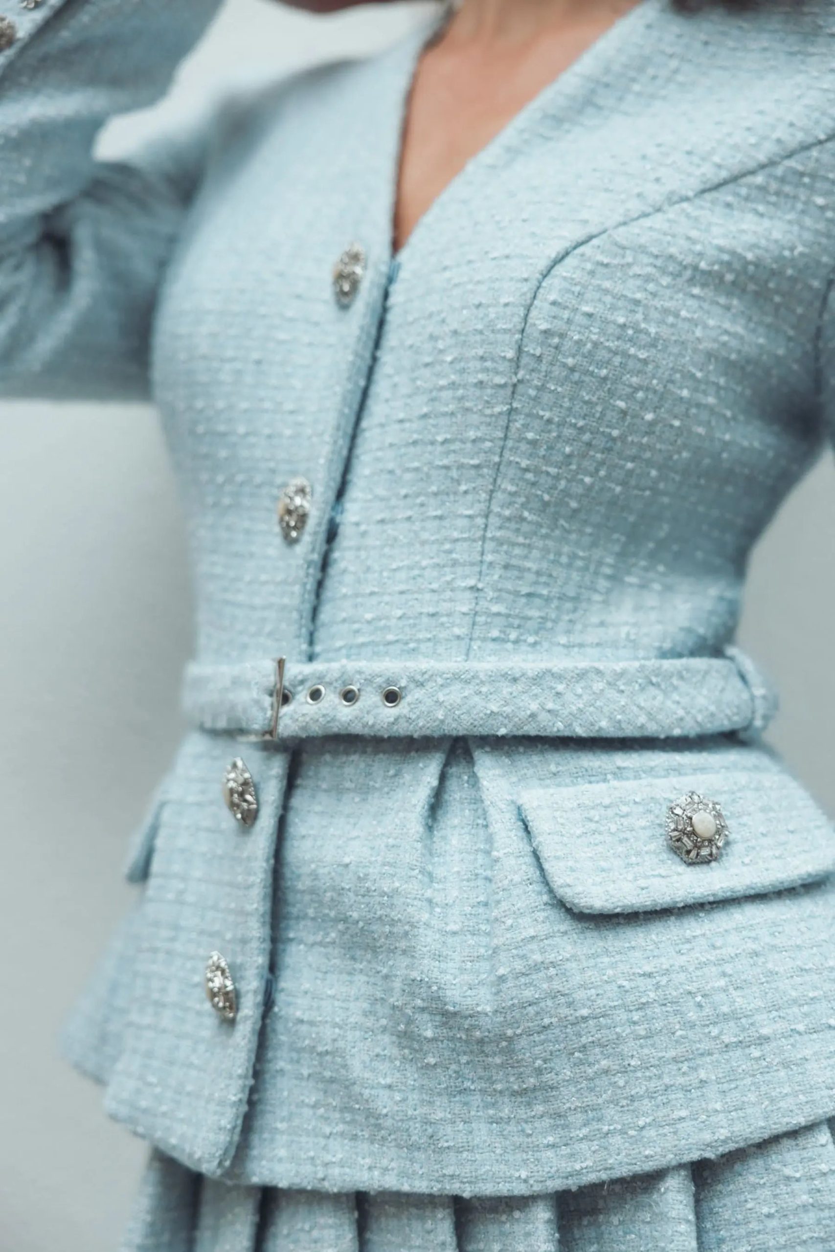 Blue Boucle Long Sleeve V Neck Midi Dress With Buttons - Image 5