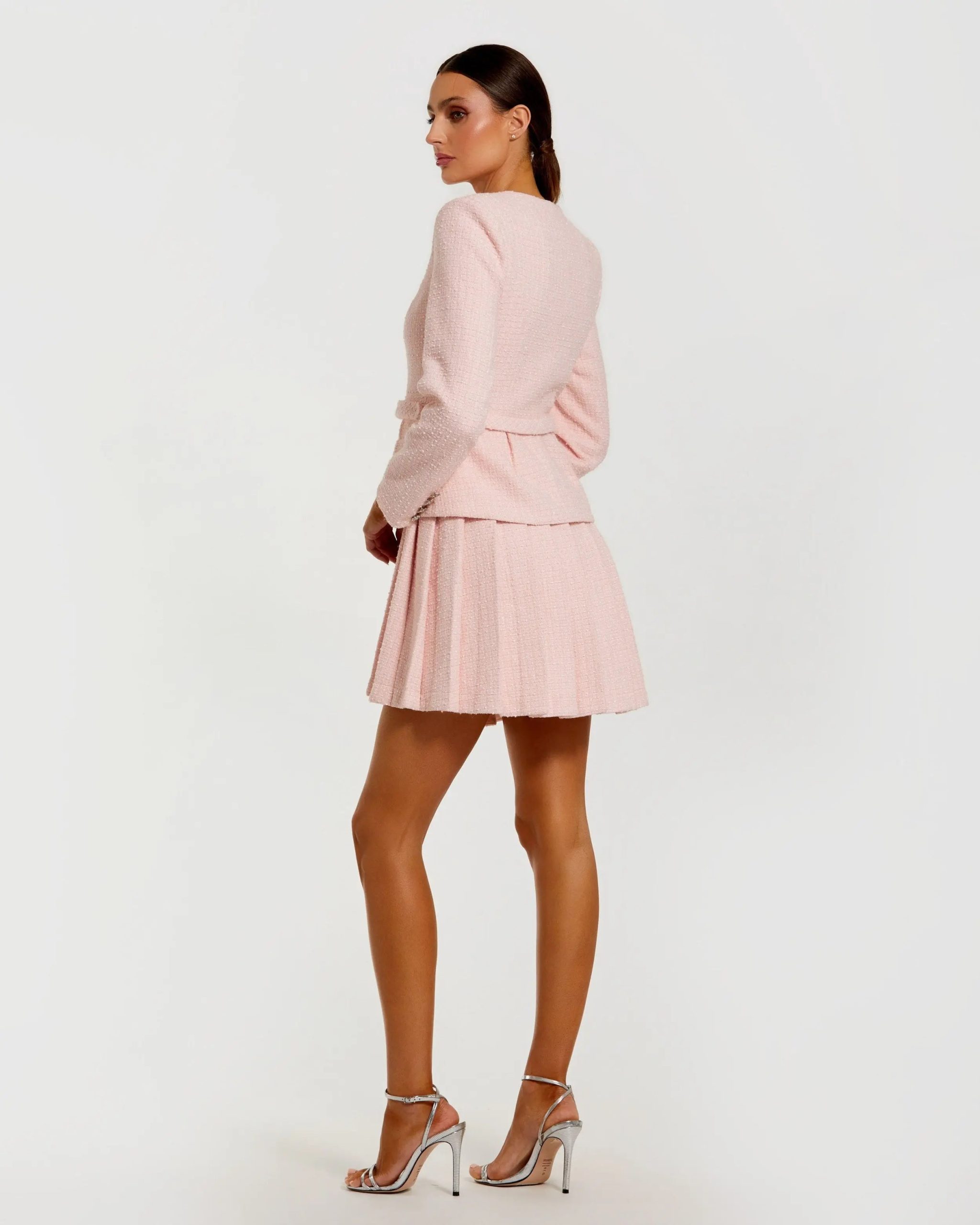Light Pink Boucle Long Sleeve V-Neck Mini Dress - Image 3