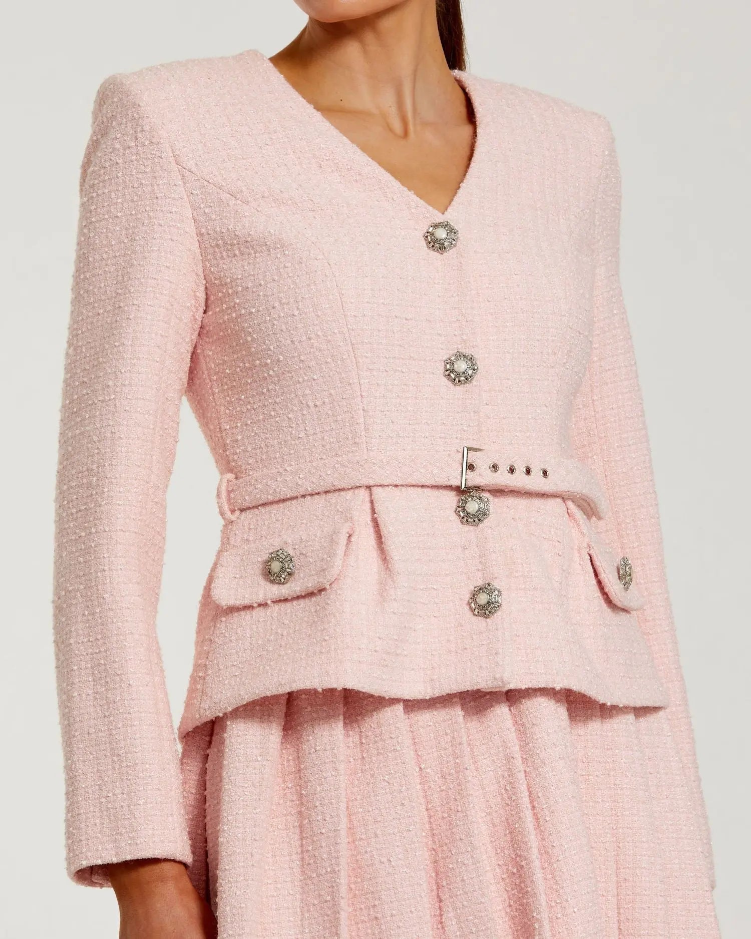 Light Pink Boucle Long Sleeve V-Neck Mini Dress - Image 2