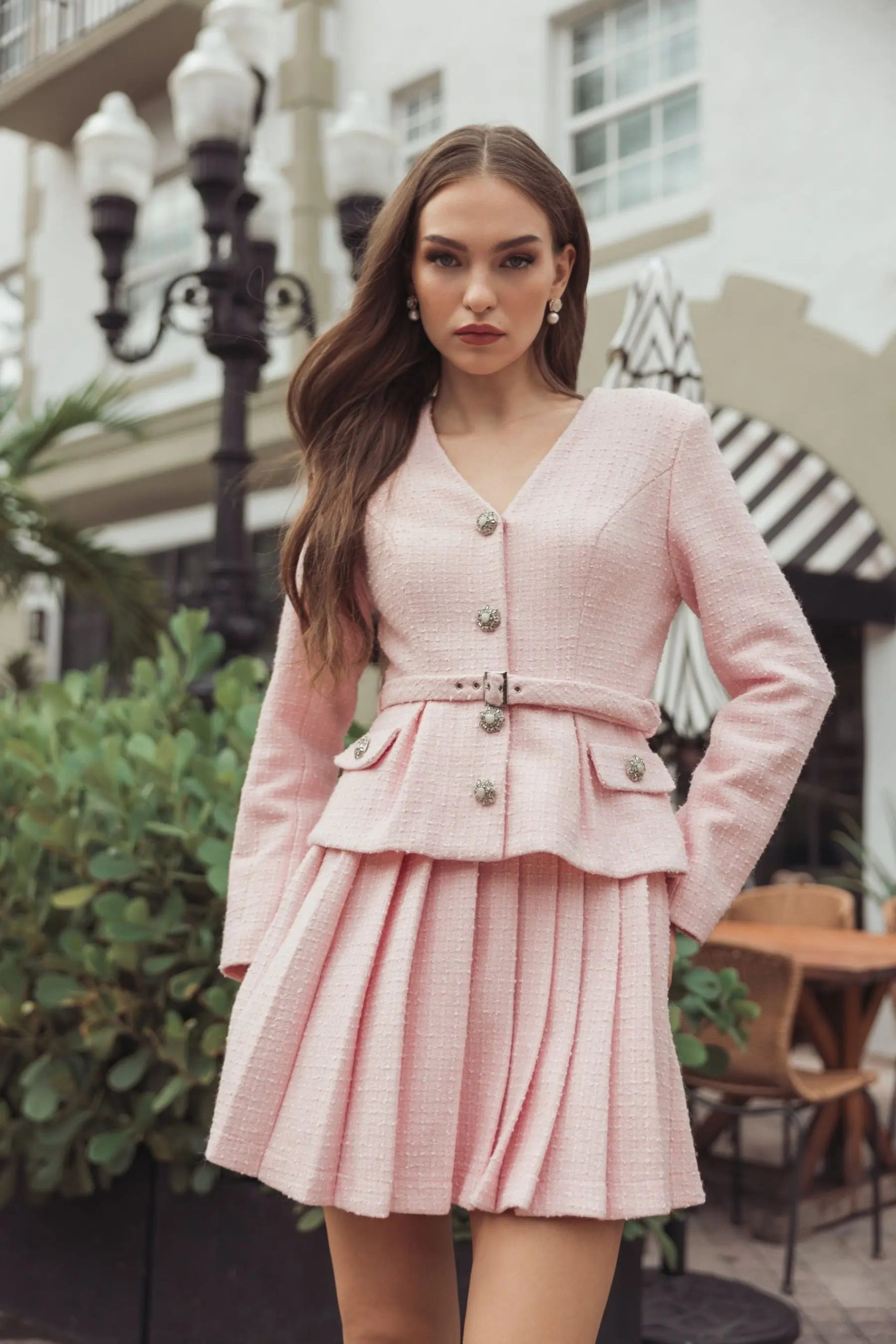 Light Pink Boucle Long Sleeve V-Neck Mini Dress - Image 6