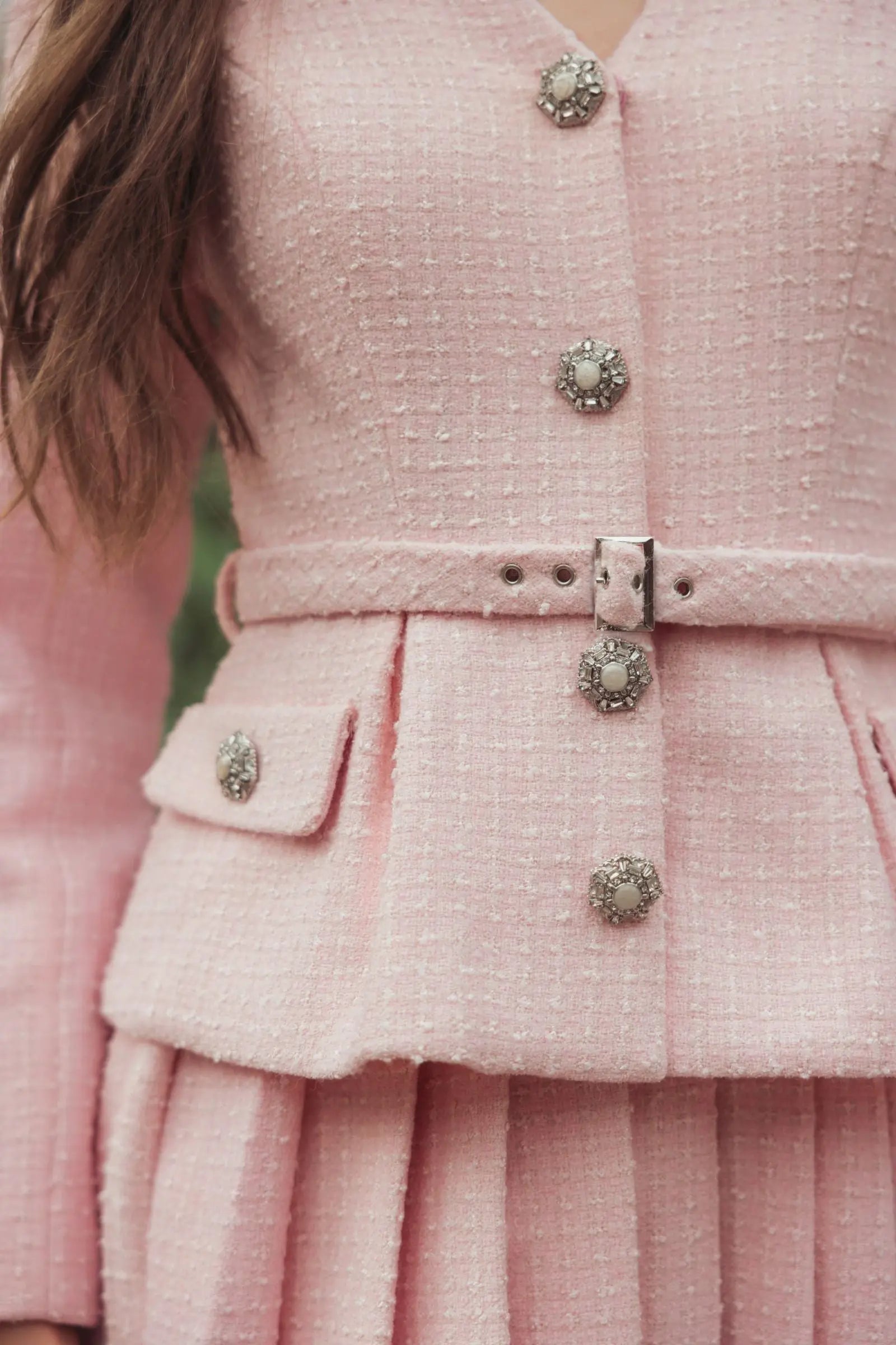 Light Pink Boucle Long Sleeve V-Neck Mini Dress - Image 5