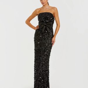 Black Strapless Sequin Evening Gown With Bow